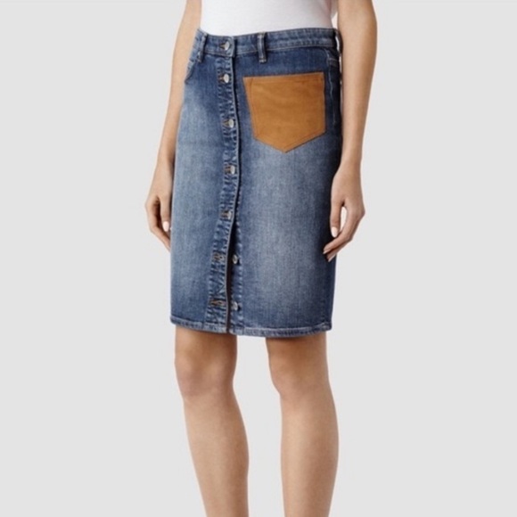 All Saints Goat Leather Trimmed Pocket Button Up Blue Denim Jeans Skirt 10 US - Picture 2 of 7